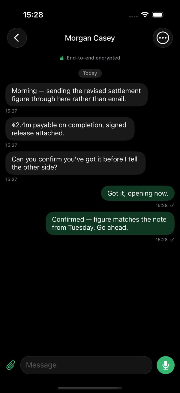 An end-to-end encrypted conversation between a firm and its client