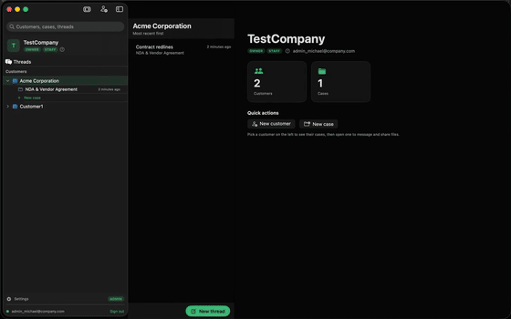 TruCrypt Staff on macOS showing the company dashboard, a case thread and search